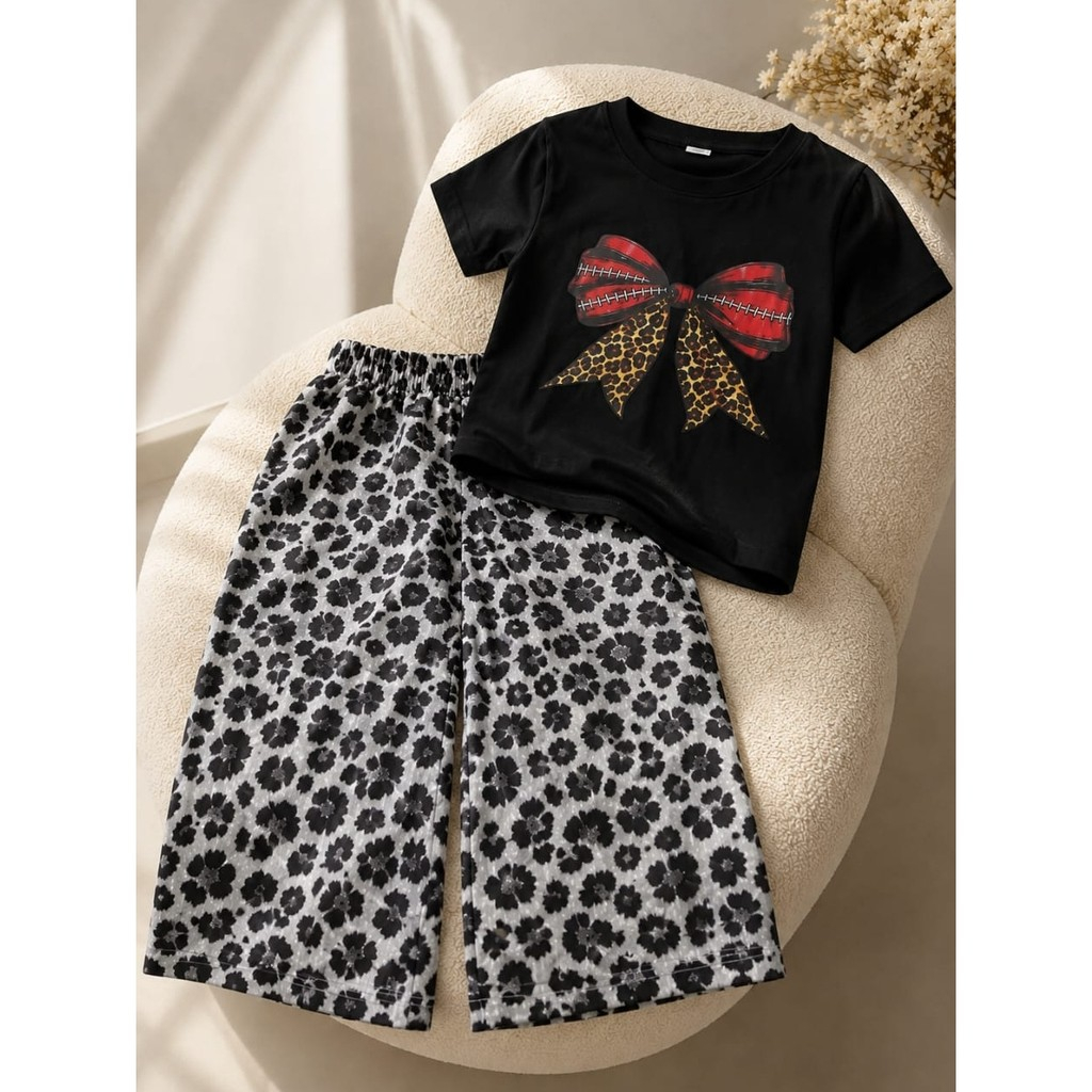 One Set Cotton Combed Setelan Anak Perempuan Motif Pita Celana Kulot Macan 1-12 Tahun