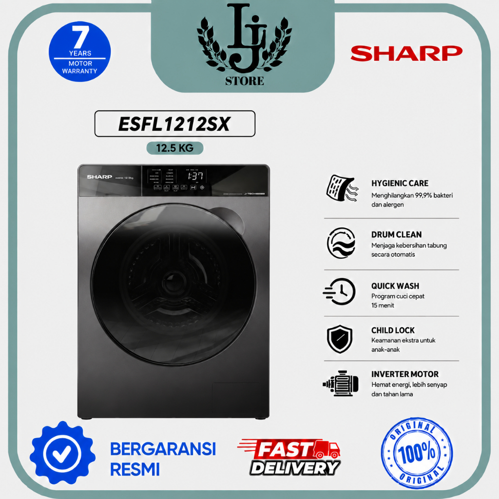Mesin Cuci Sharp 1 Tabung Inverter 12.5KG-ESFL1212SX