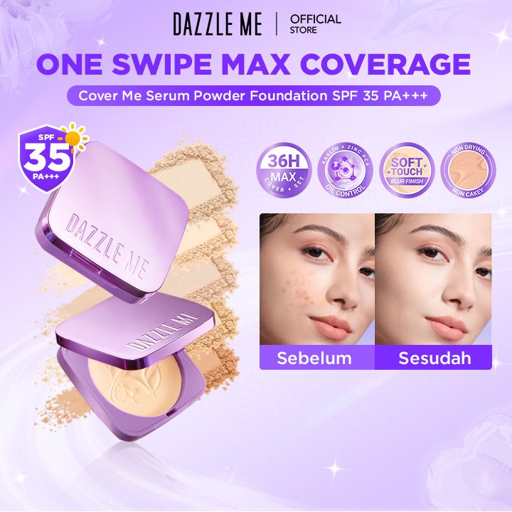 Dazzle Me Cover Me Serum Powder Foundation SPF35 PA+++ Bedak Padat Serum Foundation Infused High Coverage Tahan Lama Hingga 36 Jam Mengunci Riasan dan Kontrol Minyak Oil Control