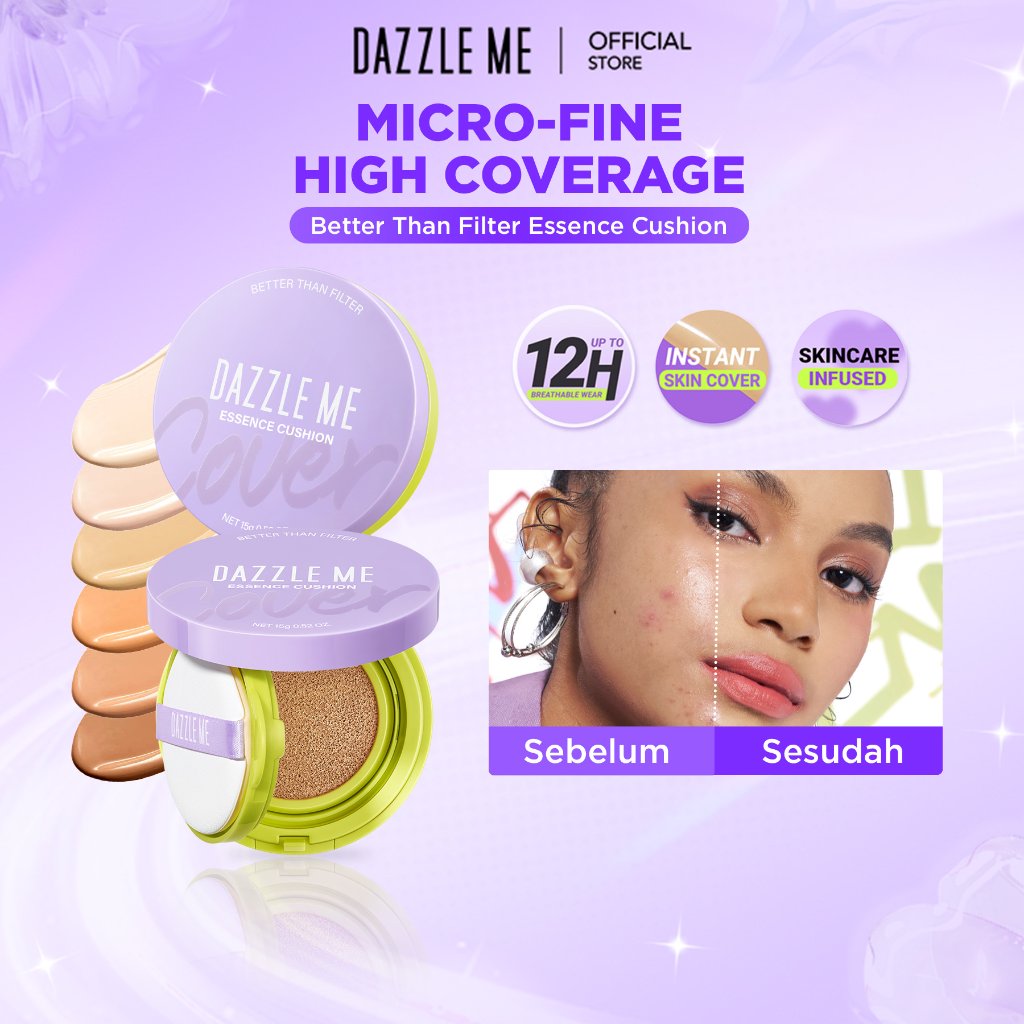 DAZZLE ME Better Than Filter Maxnificent Essence Cushion High Coverage - Cushion Waterproof Makeup Healthy Matte Finish with Niacinamide Memberikan Kulit Wajah seperti menggunakan Filter Tahan 12 Jam