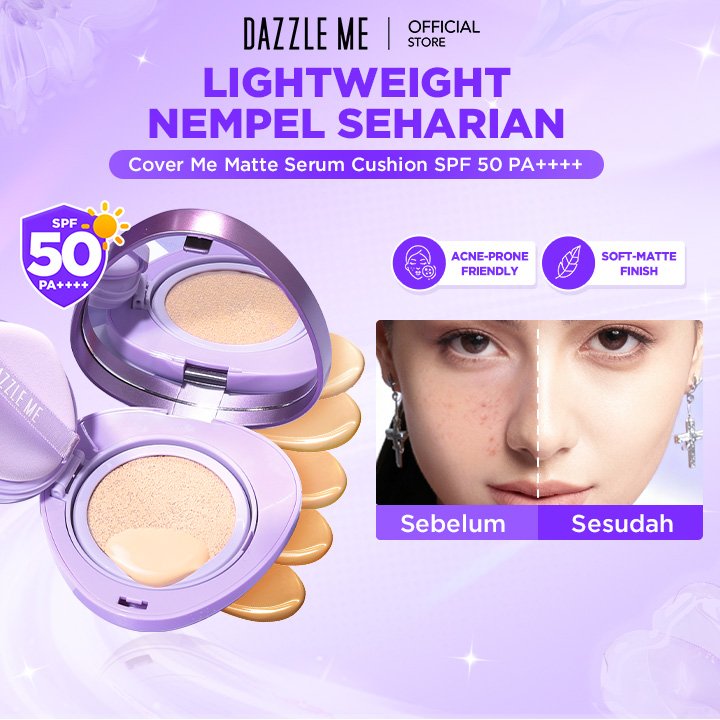 [NEW LAUNCH] DAZZLE ME Cover Me Matte Serum Cushion SPF50 PA++++ Cushion Matte dengan Perlindungan UVHigh Coverage Tahan Lama 24 Jam dengan Serum Ringan Mengkontrol Minyak Oil Control Hasil Hydra Matte Cover dan Non Cakey Full Coverage Natural Breathable