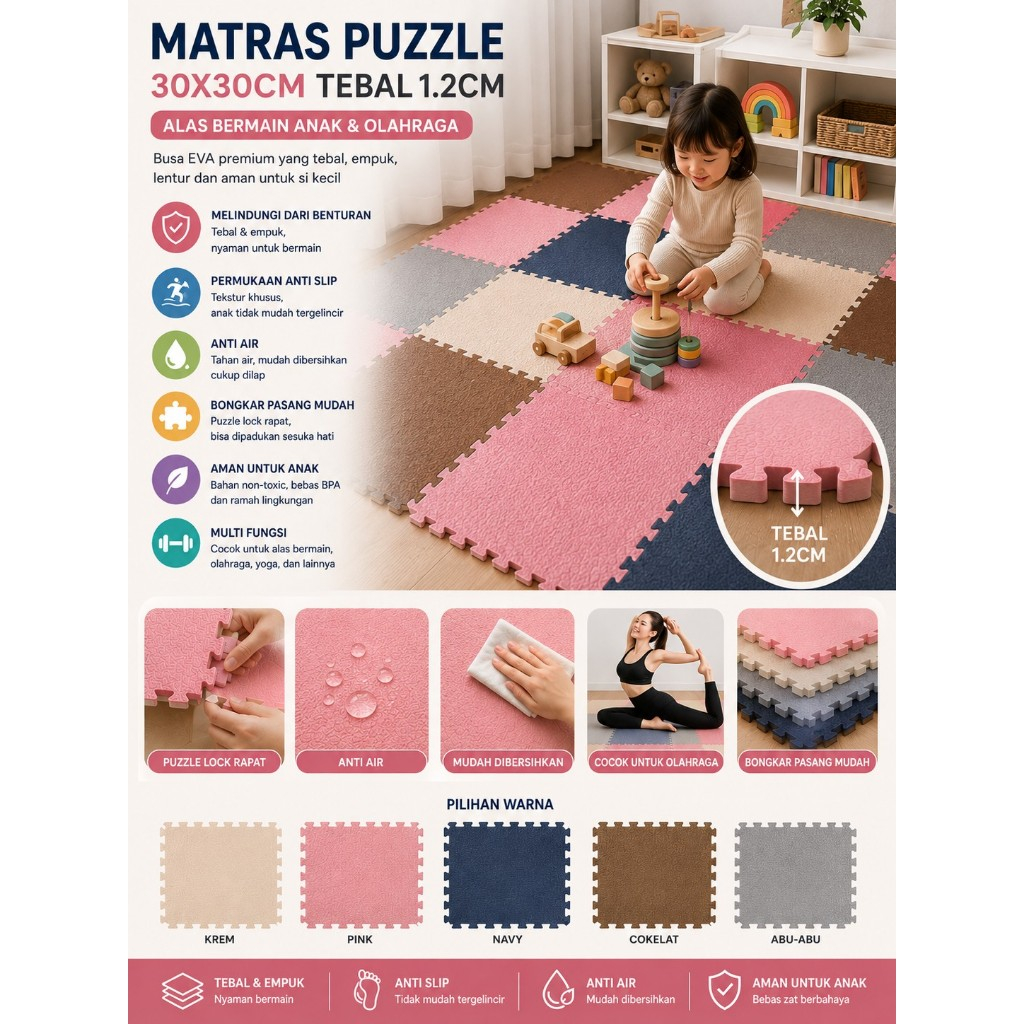 Matras Evamat Tebal 12mm 30x30cm Tekstur Kayu Matras Puzzle Karpet Puzzle Alas Lantai Playground Eva