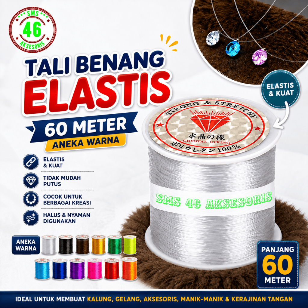 Tali Benang Elastis 60 Meter Aneka Warna untuk Gelang Kalung Manik-Manik