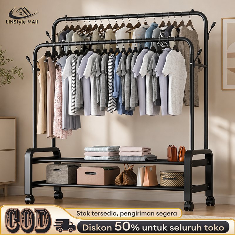 Stand Hanger Double Rak Gantungan Baju Berdiri Besi Kuat Rak Baju Gantung Minimalis 150cm