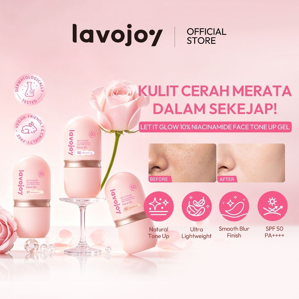 [NEW LAUNCH] lavojoy Let It Glow 10% Niacinamide Face Tone Up Gel Delicate Rose SPF50 PA++++| 3in1 toneup wajah + primer+sunscreen | Instant tone up and even skin tone in just 5 seconds | Skin-like finish with no whitecast | UV & Pollution Protection