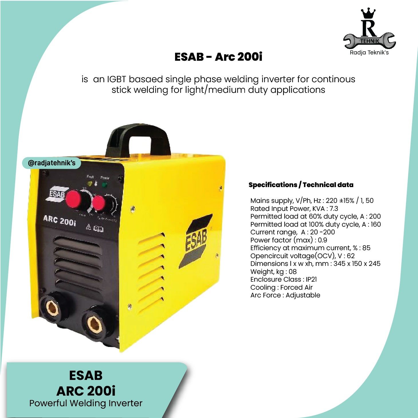 ESAB  ARC 200i 200A  Mesin Las MMA Stick  Welding Machine Inverter Portable  Mesin Las ESAB