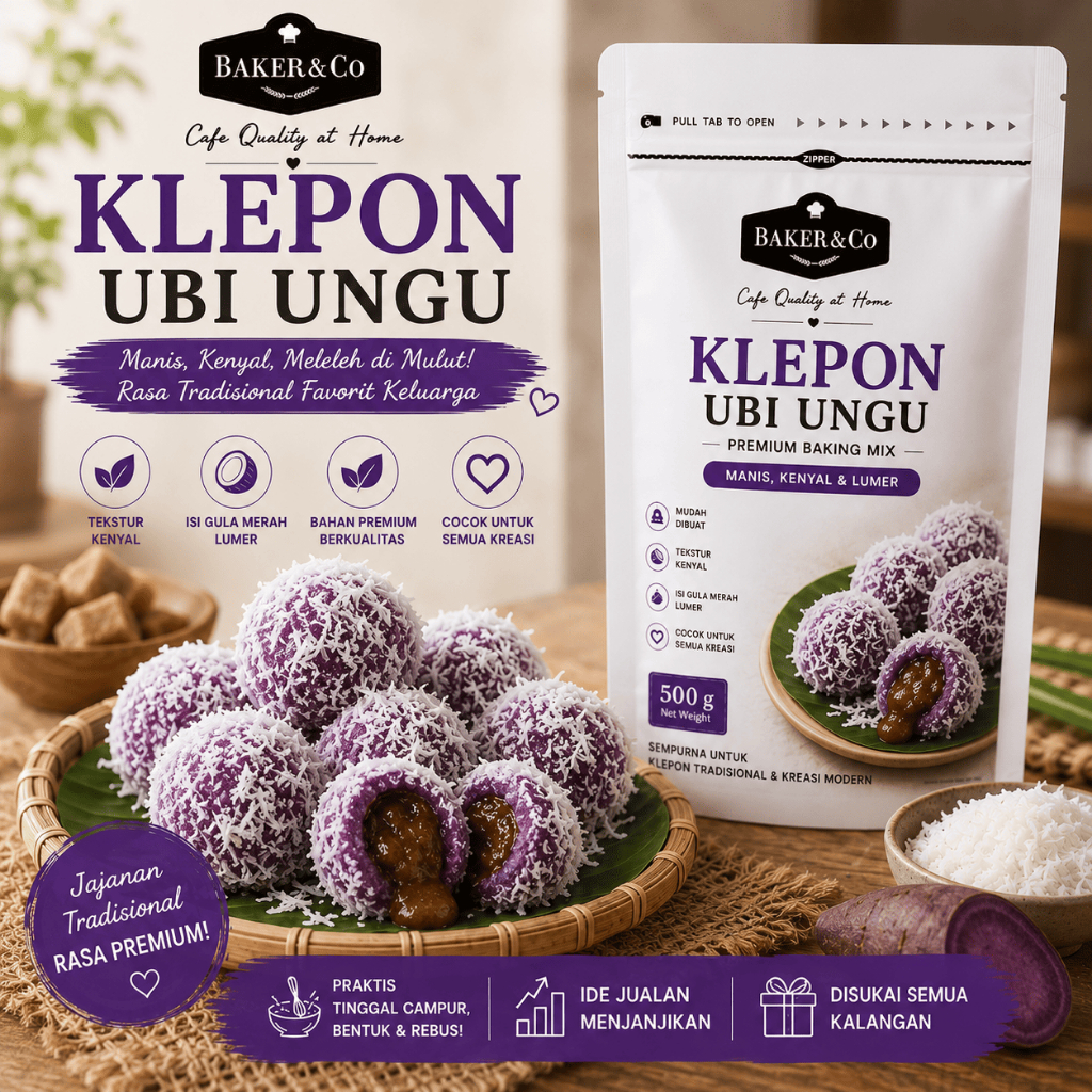 Klepon Ubi Ungu Tepung Adonan Kering 500g Premix Baker & Co | Premium Baking Mix Klepon Kenyal Isi G
