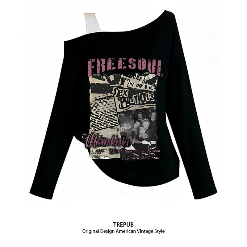TREPUB. Lengan panjang  tali bahu T-shirt Oversize Retro Motif koran vintage Baju Kaos Korean Style 