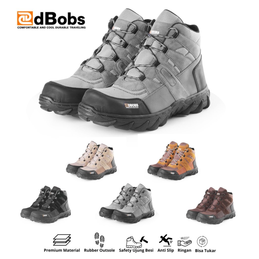 dBobs Sepatu Boots Pria dBobs Mid Top Abu-Abu dengan Safety Ujung Besi Anti Slip Rubber Outsole