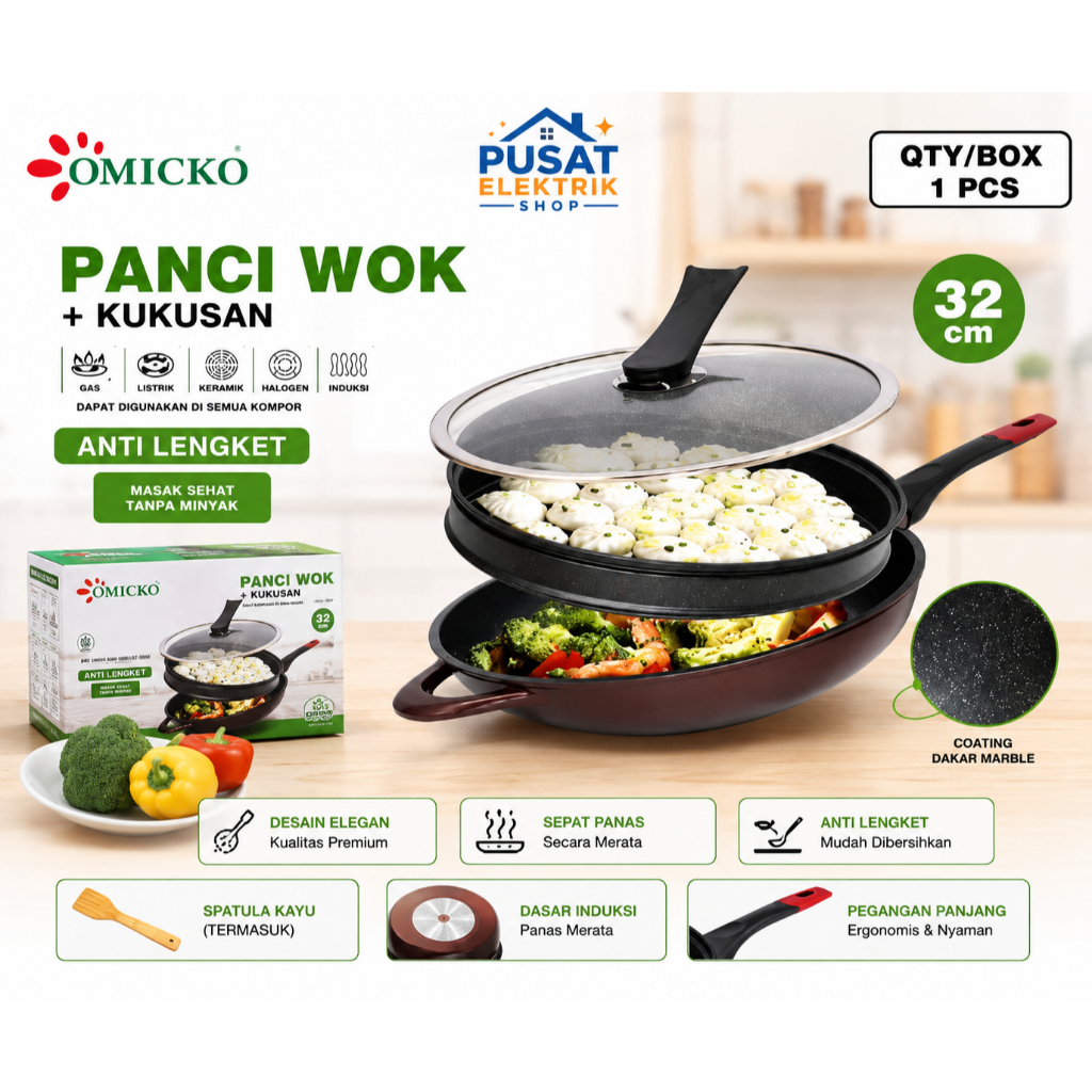 Set Panci Wok Omicko 32 cm + Kukusan Steamer – Panci Wok, Panci Kukusan Anti‑Lengket Steamer