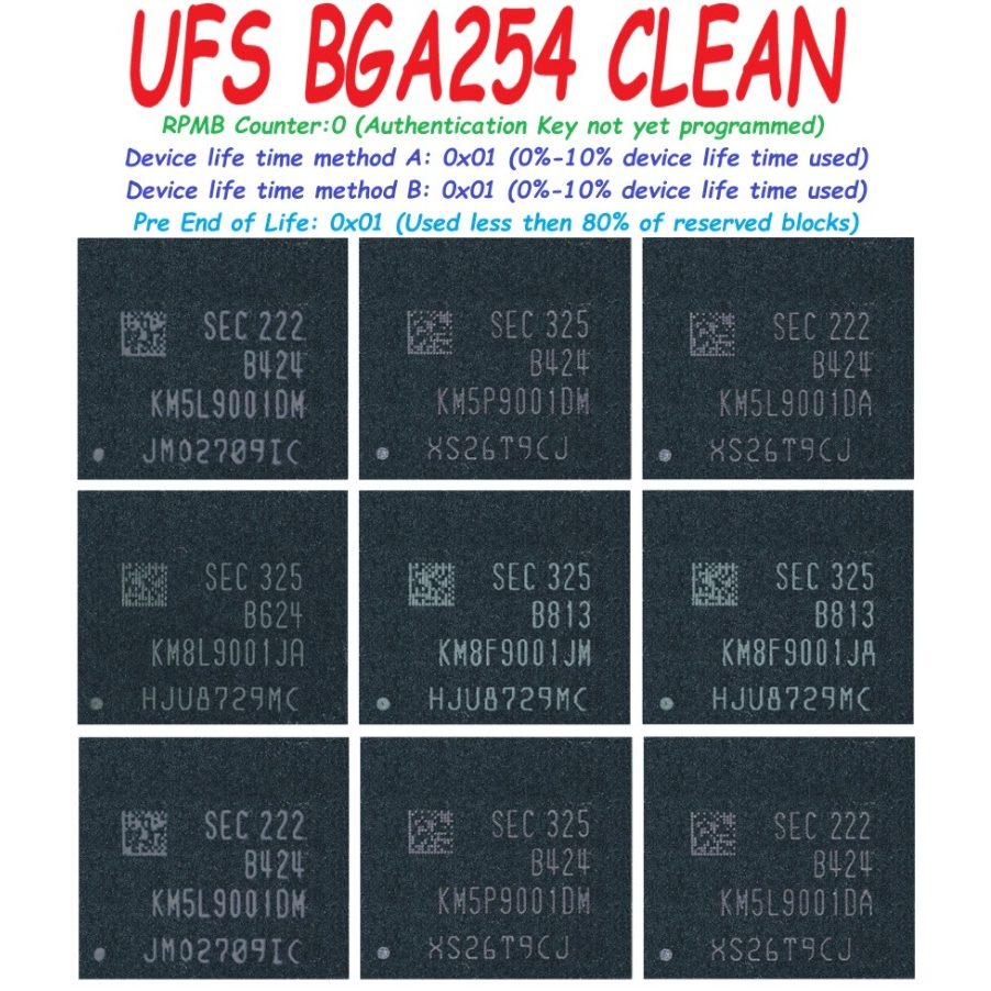 IC UFS Clean BGA254  4/64 4/128 6/128 8/256 LPDDR4x 254 FBGA UFS2.2 RPMB Counter:0 Authentication Ke