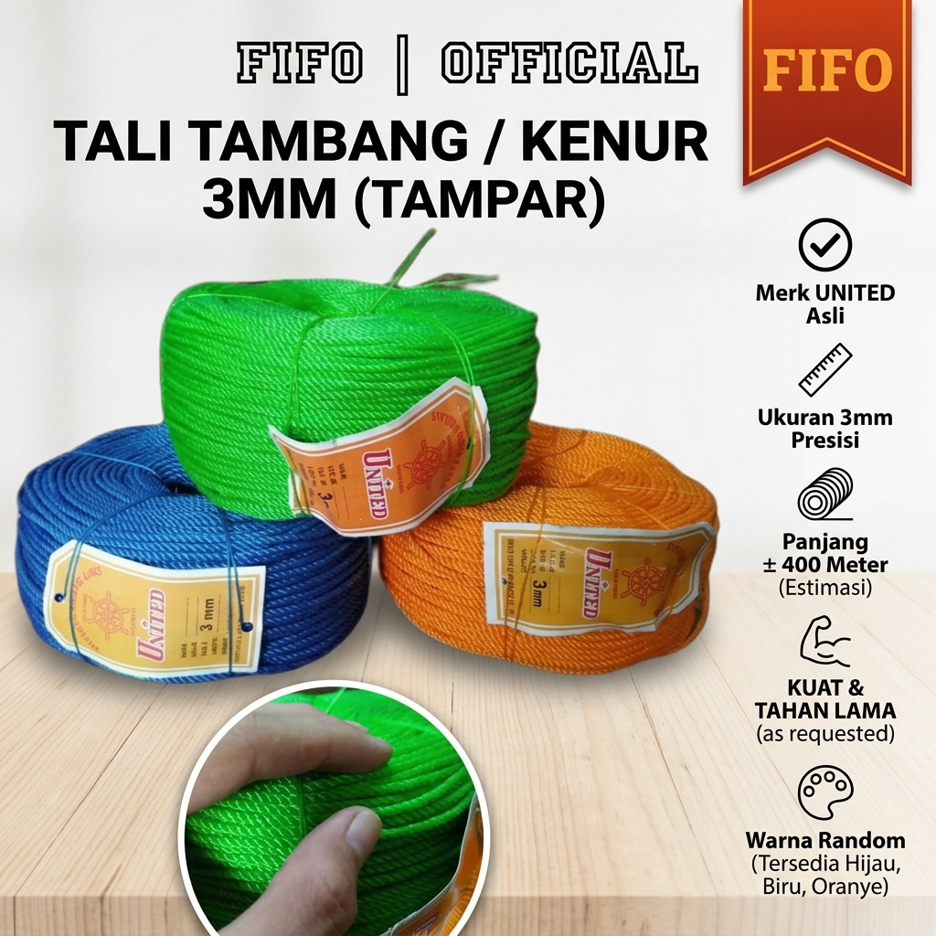 1 ROLL TALI TAMBANG 3MM KENUR 3MM UNITED/TALI TAMBANG 3MM UNITED/ TALI KERET 3MM/ TALI TAMPAR 3MM