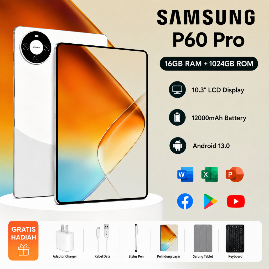 [Free Keyboard Case] samsung P60 Pro 10.3 | RAM 16GB + 1024GB ROM |Android13| 10.3inci Layar besar |