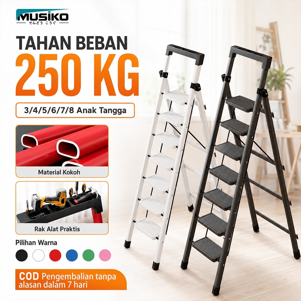 Musiko Tangga Lipat Merek Jepang 3-8 Tingkat Kapasitas 250KG Bahan Baja Kokoh Aneka Warna COD