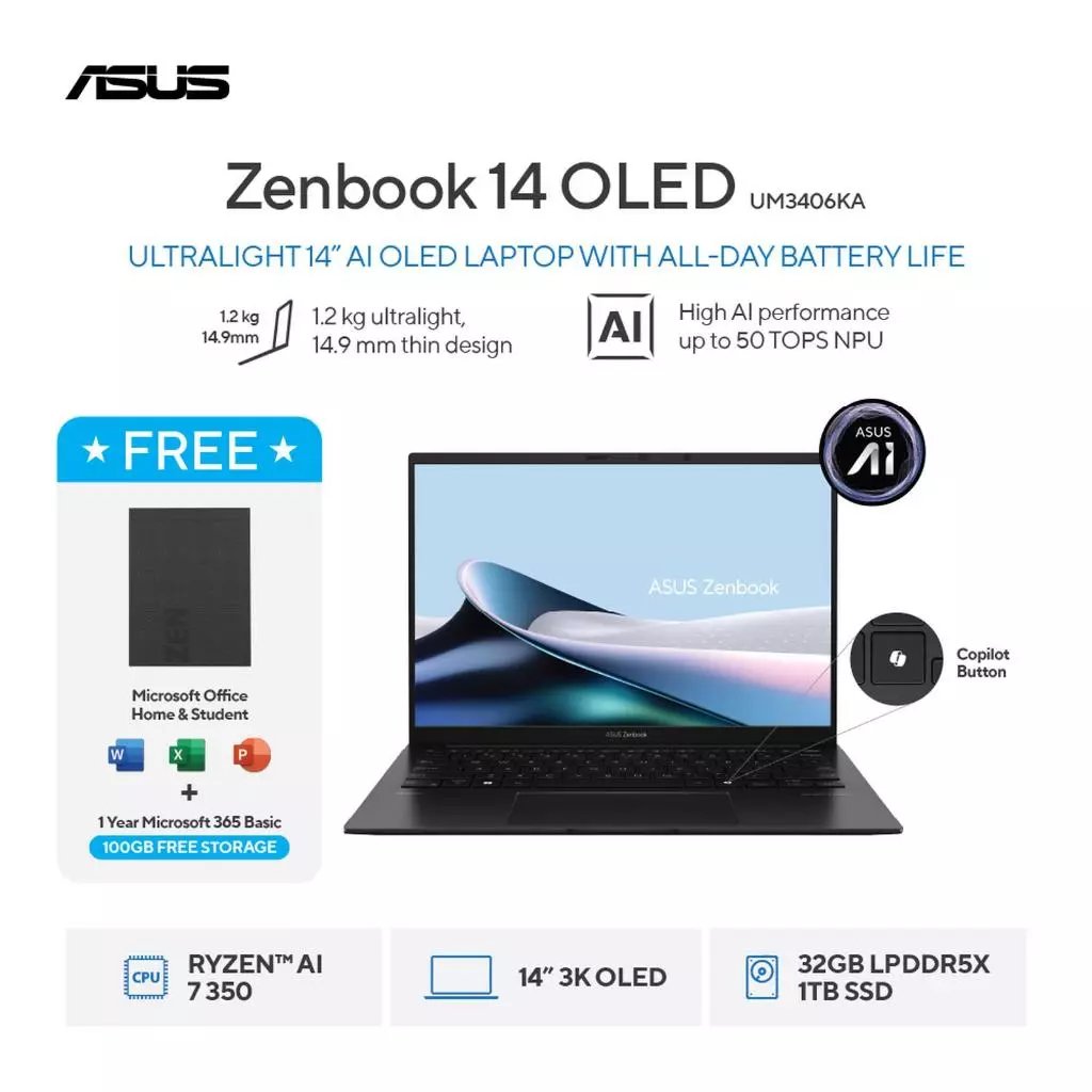 Laptop Asus Zenbook 14 OLED UM3406KA-OLED Amd Ryzen Ai 7 350 16GB DDR5 1TB SSD Touchscreen Windows 1