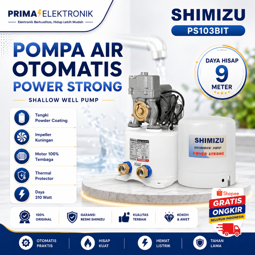 SHIMIZU Pompa Air PS103BIT/PS-103BIT/PS 103BIT/ Sumur Dangkal Otomatis 100 Watt/Shimizu PS103BIT