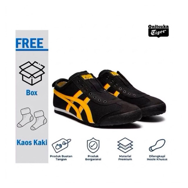Sepatu Sneakers Pria Wanita Onitsuka Tiger Mexico 66 Slip On Kanvas Black Yellow