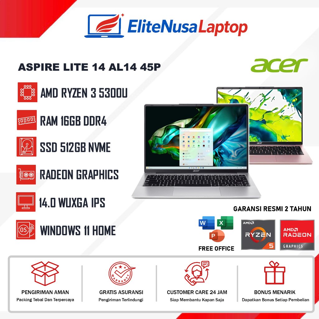 Laptop Acer Aspire Lite 14 AL14 42P AMD Ryzen 3 5300U RAM 16GB DDR4 512GB SSD WUXGA Win11