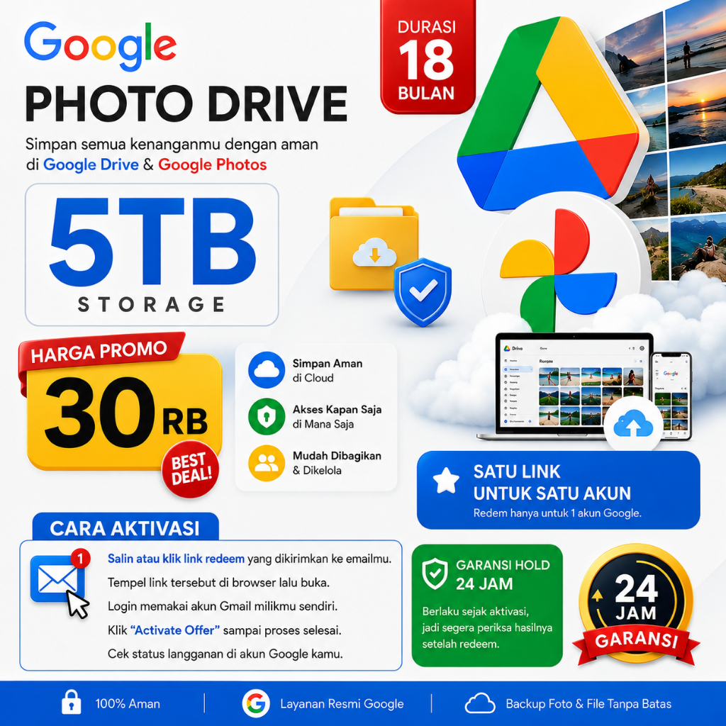 Google Photo Drive 5TB 18 Bulan | Penyimpanan Google Drive & Photos | Promo 30RB | Aktivasi Akun Sen