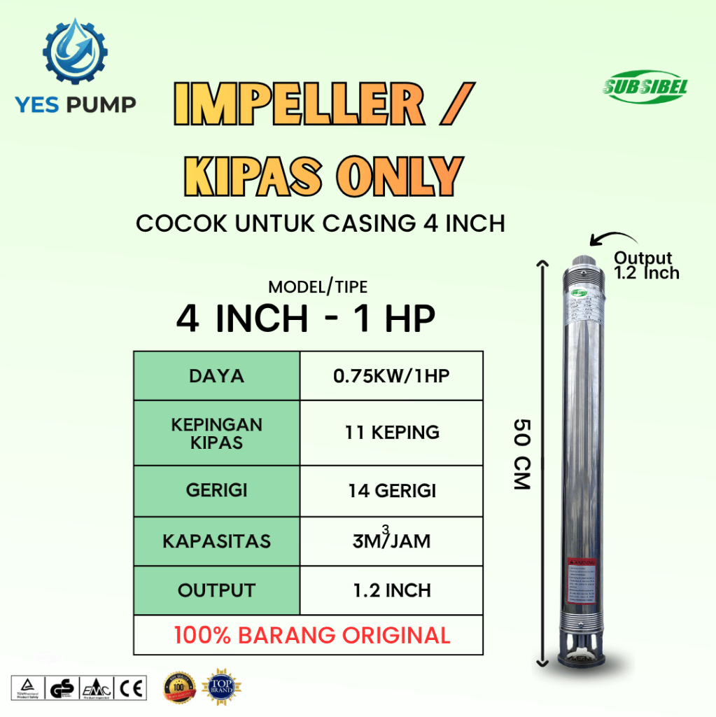 Kipas / Impeller Pompa Air Submersible 4 Inch 3/11 1HP | Output 1.2 Inch | 3M³/Jam
