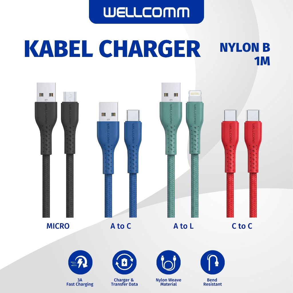 Wellcomm Kabel Data Fast Charge 3A USB Type C / Micro / iPhone / C to C Nylon B Series 1M