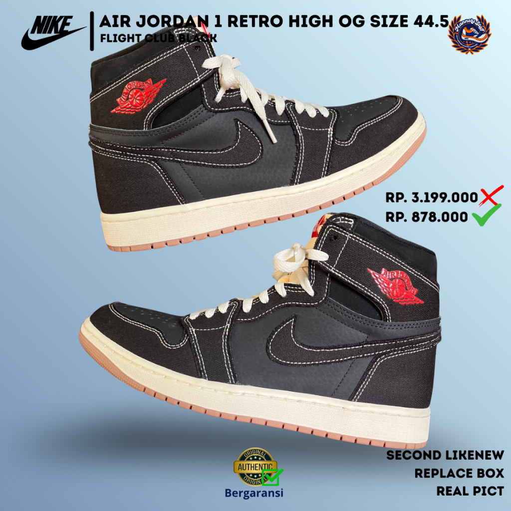 Sepatu Nike Air Jordan 1 Retro HIGH OG Flight Club Black White Size 44.5 Second Likenew Original