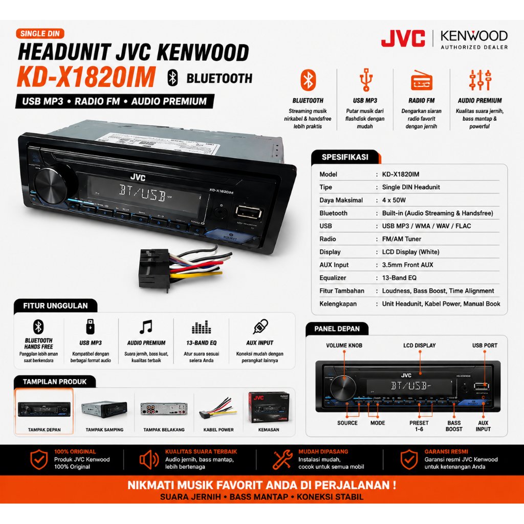 Head Unit Singledin JVC Kenwood KD-X1820IM Bluethooth USB Radio