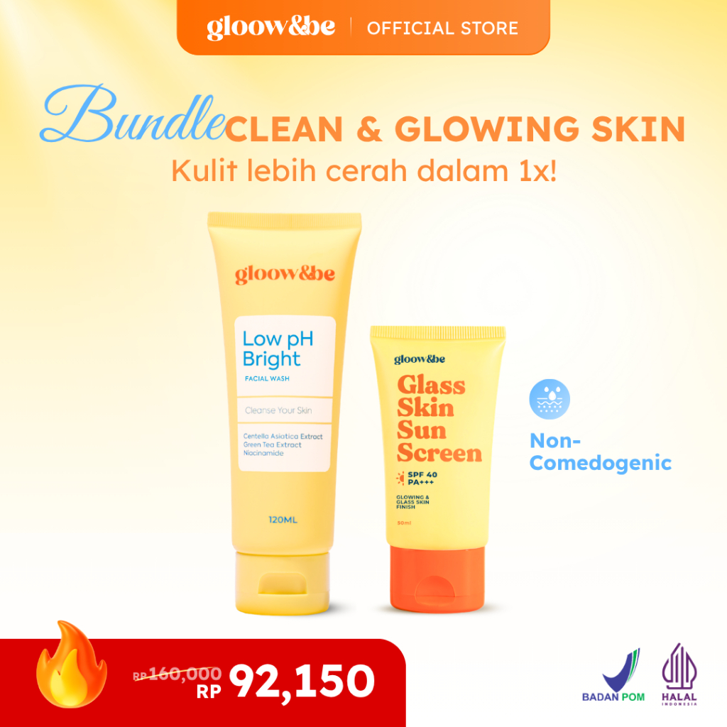 [STARTER PACK] Gloow&be Bundle Low pH Bright Facial Wash + Glass Skin Sunscreen — Membersihkan |  | Proteksi Kulit | UV Protection SPF 40 PA +++ | Low pH Gentle Clean | Skincare Daily