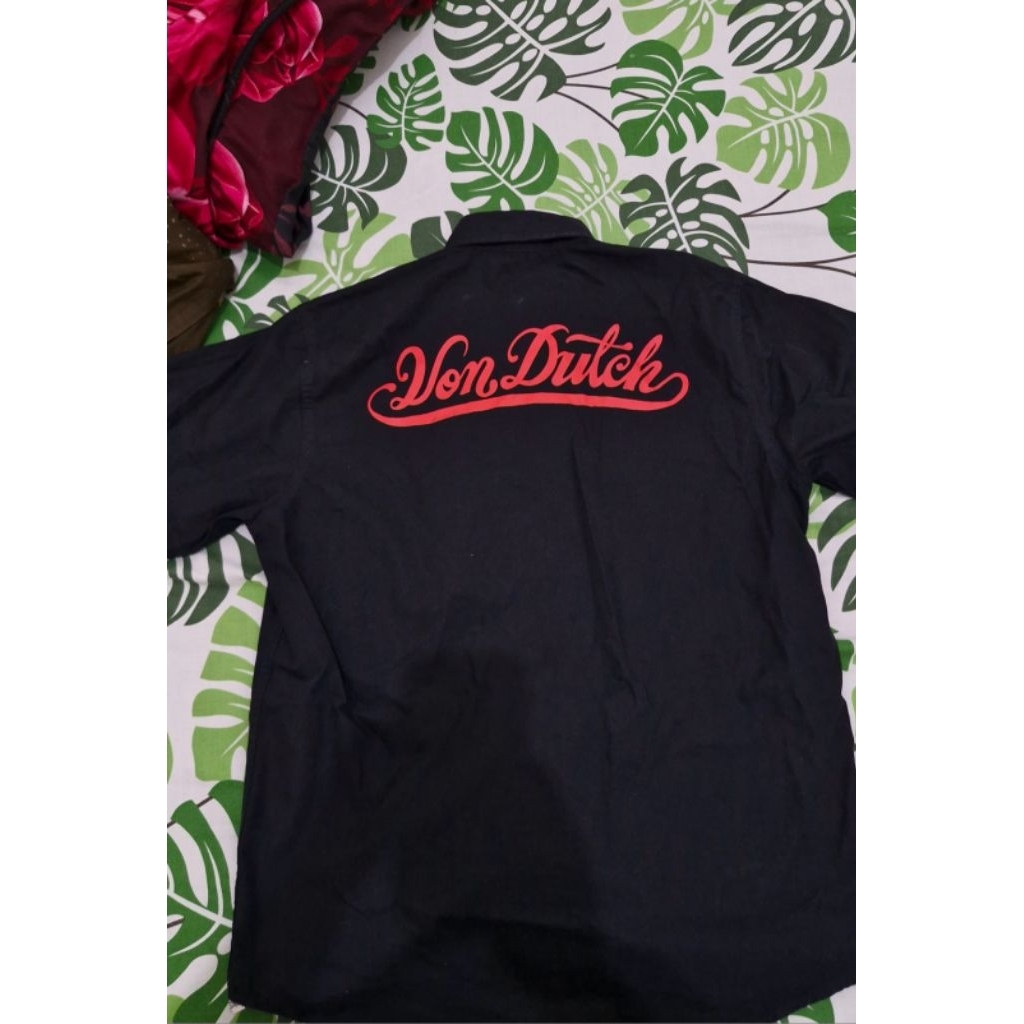 Kemeja Pria Lengan Panjang Hitam Logo Von Dutch Belakang Casual