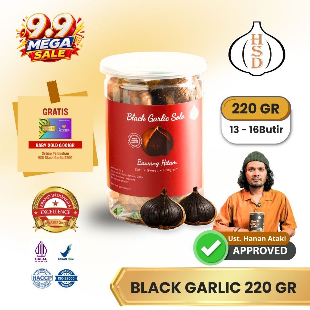 HSD Black Garlic Solo 220 Gr 7-15 Hari BPOM Halal Fermentasi 90 Hari ( Bawang Hitam Tunggal)