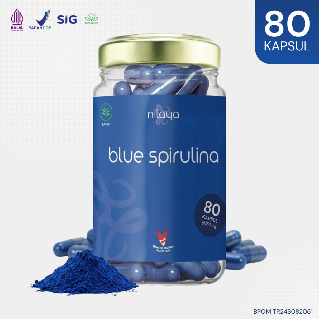NILAYA Blue Spirulina Kapsul - BPOM, Halal & Organik - Phycocyanin Kapsul - Pelindung Saraf, Antioks