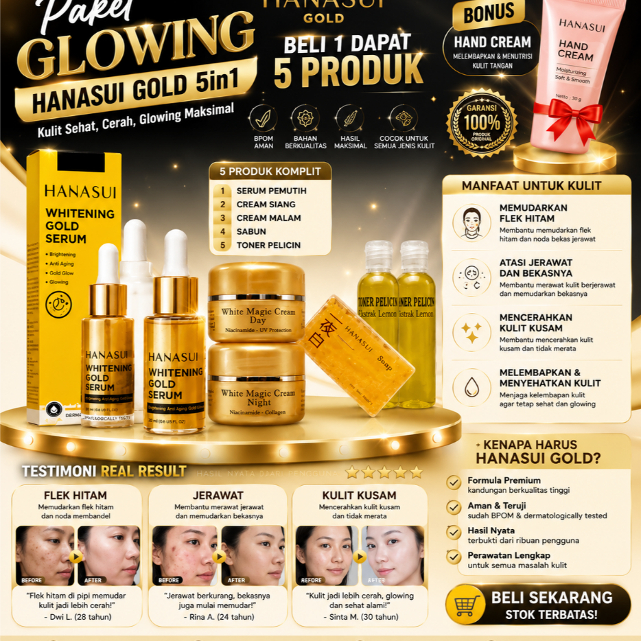 Paket Skincare HANASUI GOLD 5in1 | Untuk Kulit Kusam, Flek & Bekas Jerawat