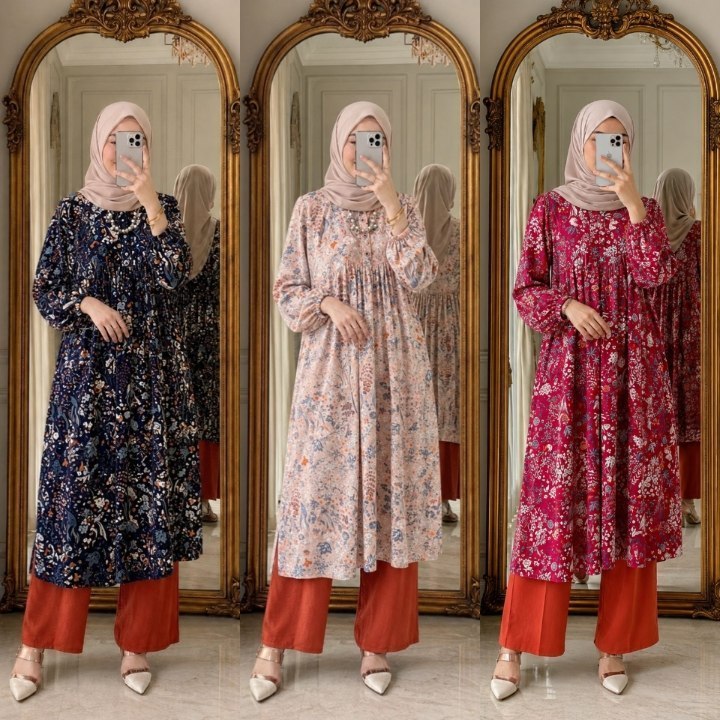 SETELAN MIDI KATUN DELVINA MIX PANTS / ONESET SETELAN TUNIK RAYON PREMIUM MOTIF BUNGA / ONESET LONG 