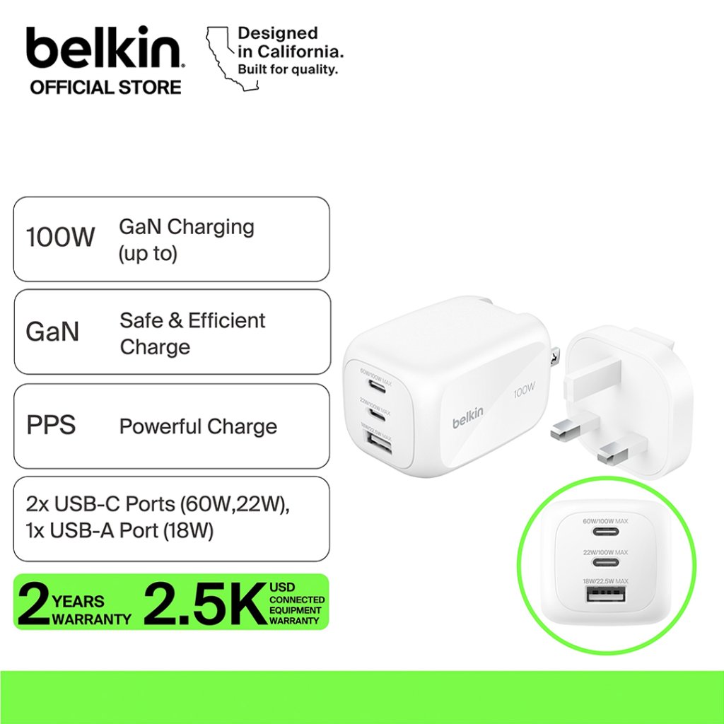 Belkin WCH016kr BoostCharge Pro 3-Port GaN Wall Charger 100W