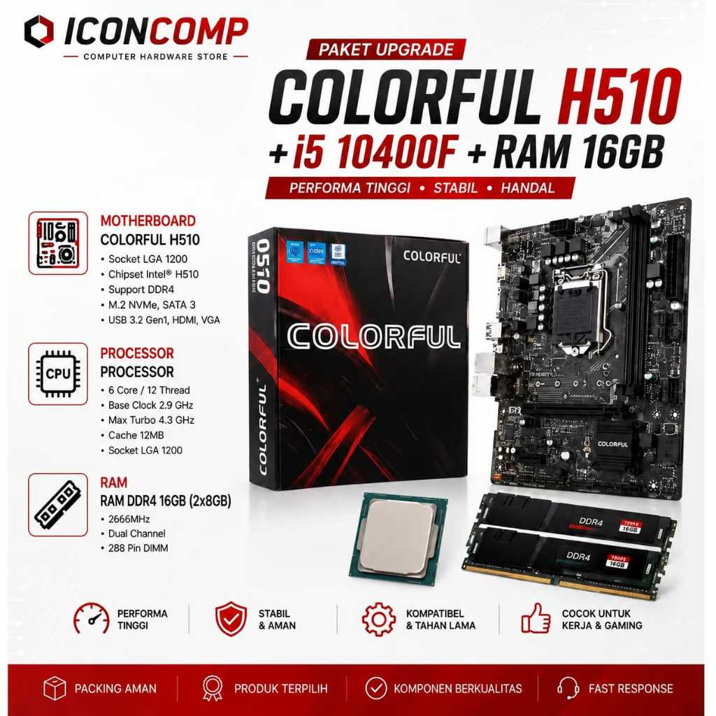 PAKET MOBO COLORFUL H510 + i5 10400F + RAM 16GB