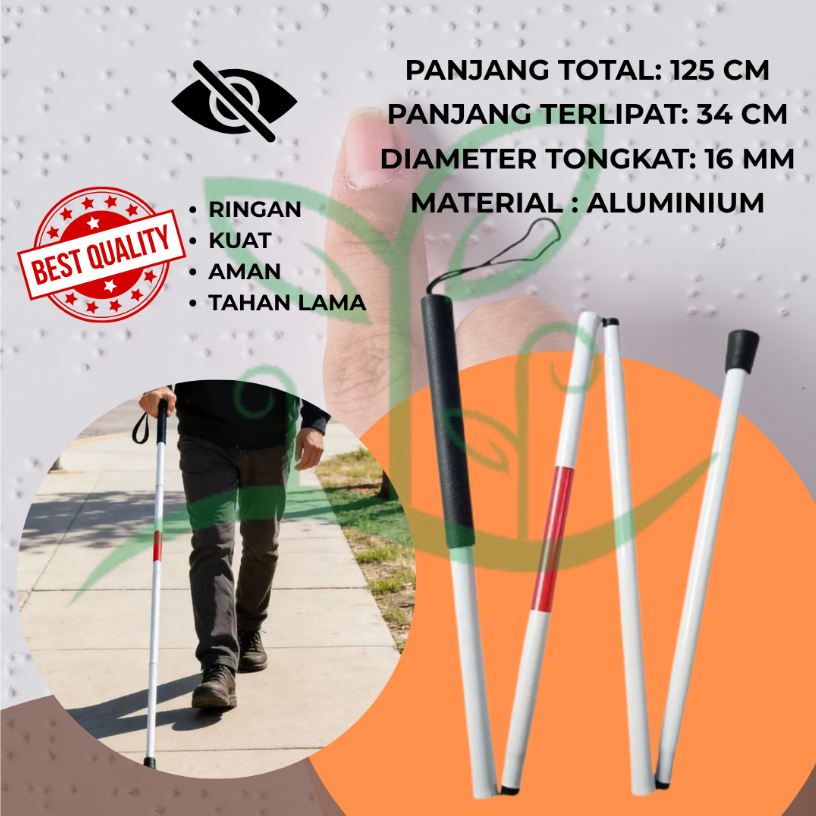 Tongkat Jalan Tuna Netra Lipat Aluminium, Tongkat Orang Buta, Tongkat Bantu Jalan Disabilitas, Tongk