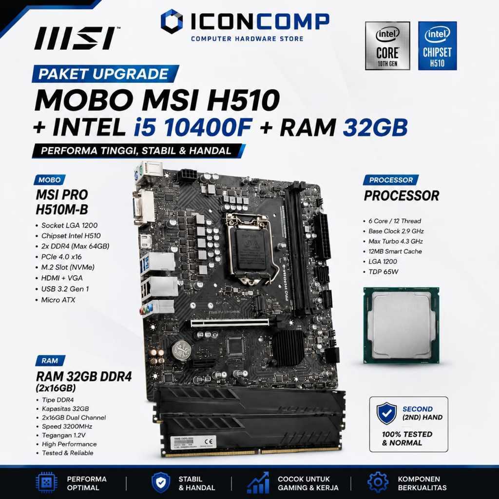 PAKET MOBO MSI H510 + i5 10400f + RAM 32GB