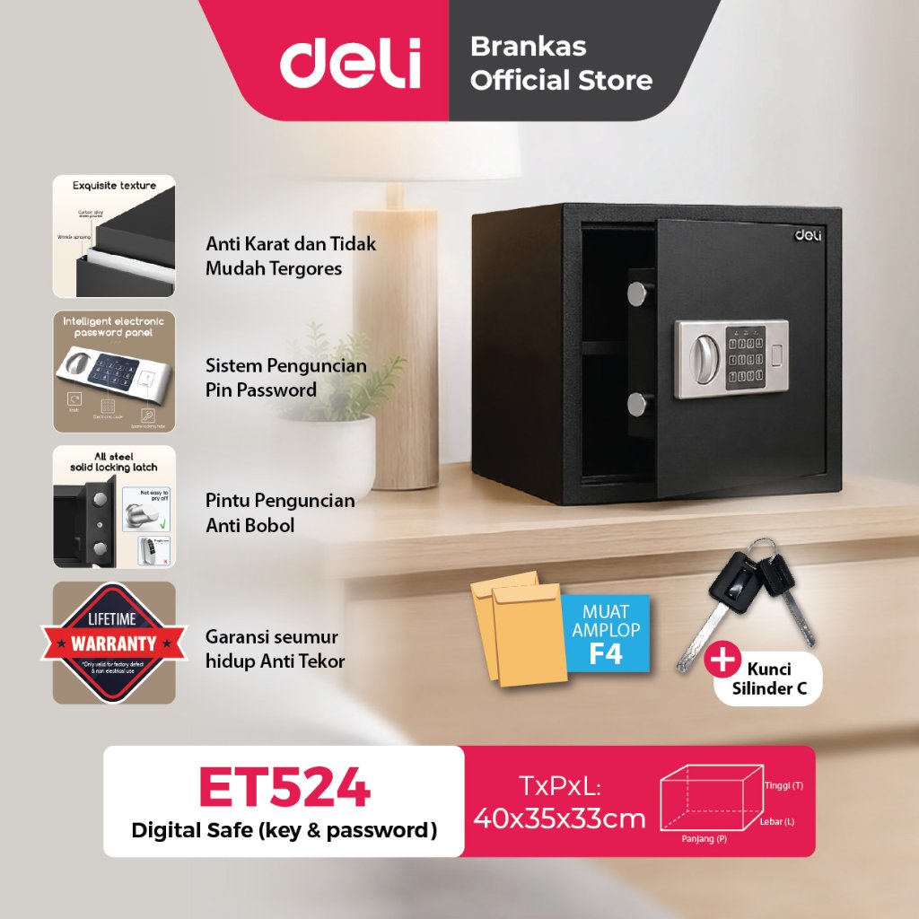Deli Brankas Besi Digital / Digital Safe Box / Double Unlocking / Kunci Kata Sandi / Key Password / 