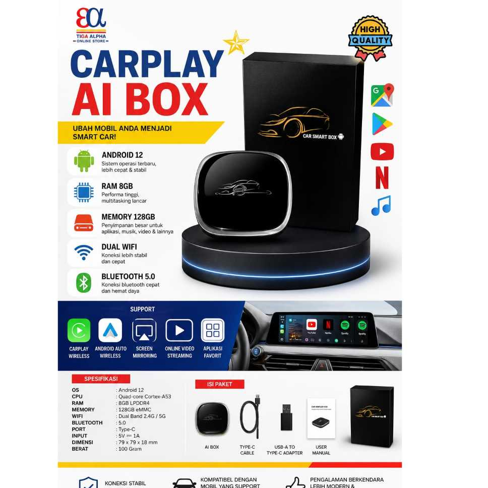 Carplay AI Box: 8GB RAM + 128GB MEMORY (ANDROID 12)
