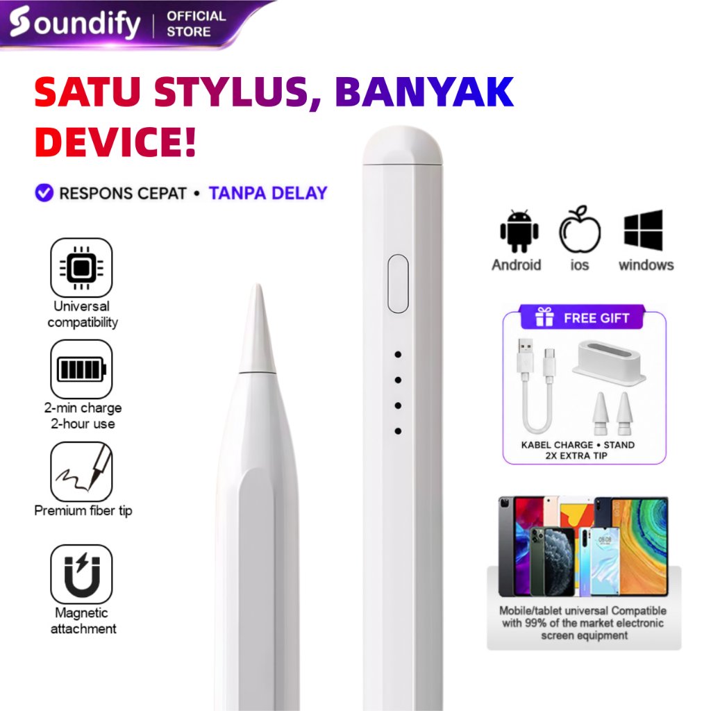 SOUNDIFY Stylus Pen Universal untuk Tablet & HP - Compatible iOS Android Windows Magnetic Attachment