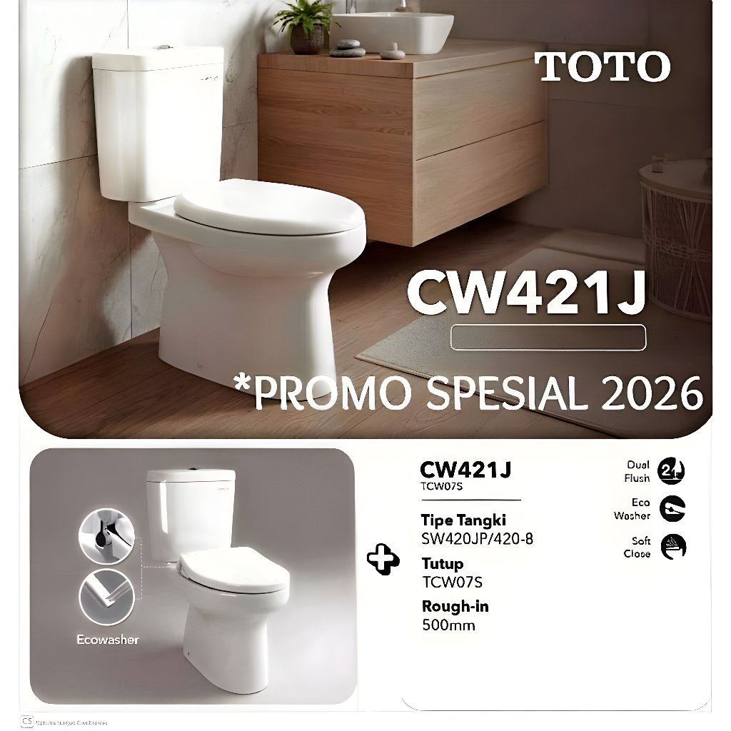 TOTO CLOSET DUDUK CW421J / CW 421 J / SW420JP / SW 420 JP + TUTUP ECOWASSER TCW07S