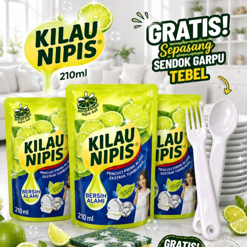 PAKET HEMAT ISI 3 KILAU NIPIS PENCUCI PIRING 210 ML X 3 GRATIS SENDOK GARPU