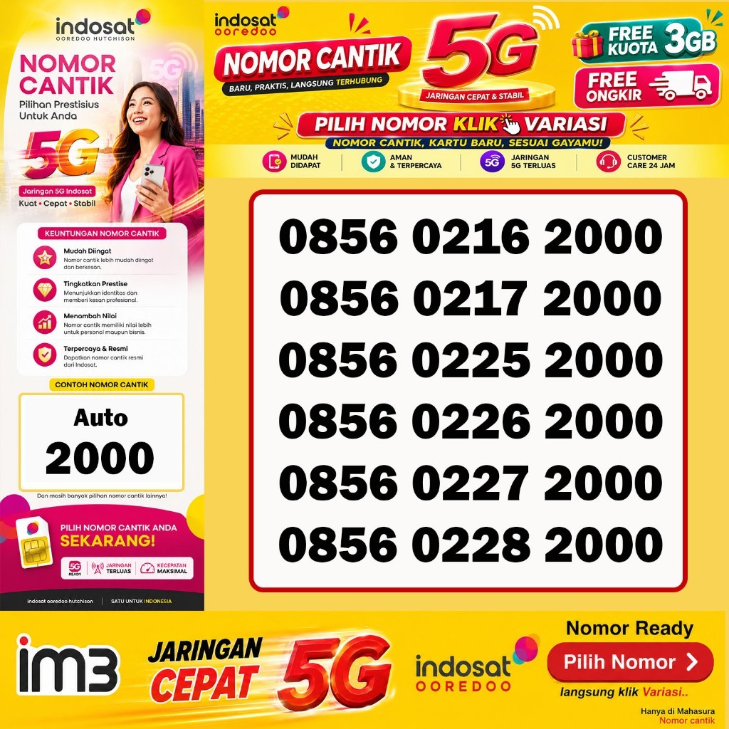 Nomor Cantik Indosat 5G 12 Digit | Kartu Perdana Baru Free Kuota 3GB Ready