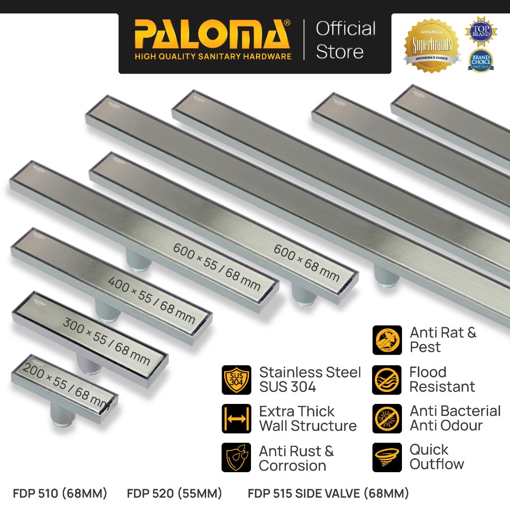 PALOMA Floor Drain Linear Panjang Saringan Got Kamar Mandi Long Stainless Steel SUS 304 Satin Silver