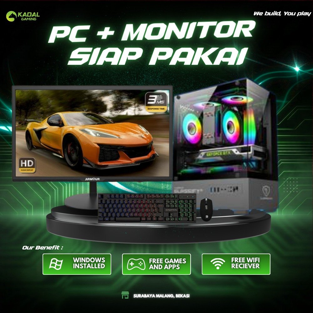 PC GAMING RYZEN 5 5500 RTX 5050 8GB RAM 16GB SSD 512GB FULLSET MONITOR 24 INCH FHD PC RAKITAN GAMING