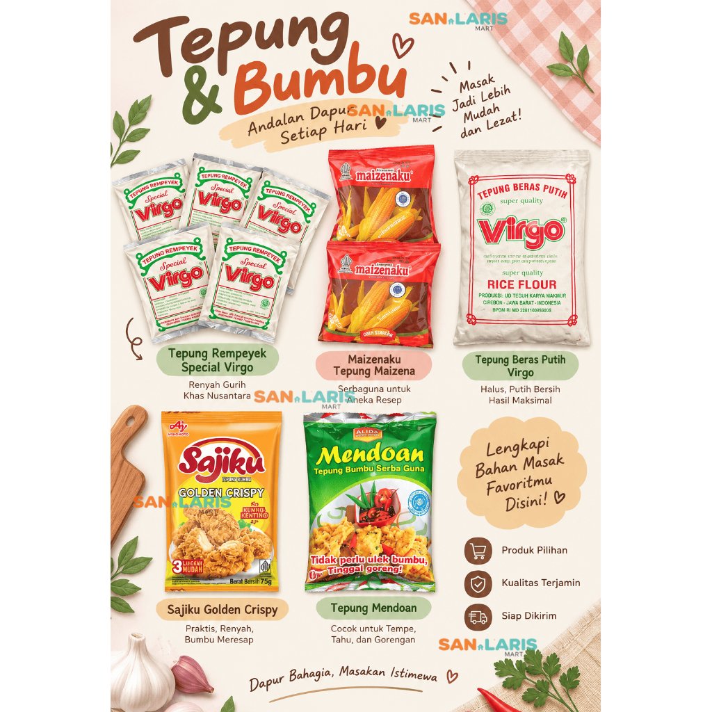 MAIZENAKU SACHET, ALIDA TEPUNG MENDOAN, VIRGO REMPEYEK, VIRGO TEPUNG BERAS, SAJIKU(75GR), TEPUNG BUM
