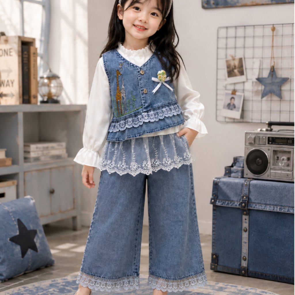 Setelan Baju Jeans Anak Perempuan Trendy 3in1 Rompi Bordir Jerapah Kemeja Lengan Panjang Celana Kulo