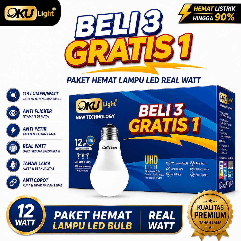 OKULight Paket Hemat Lampu LED 12W Super Terang Hemat Listrik Real Watt Anti Redup - Lampu LED Kanto
