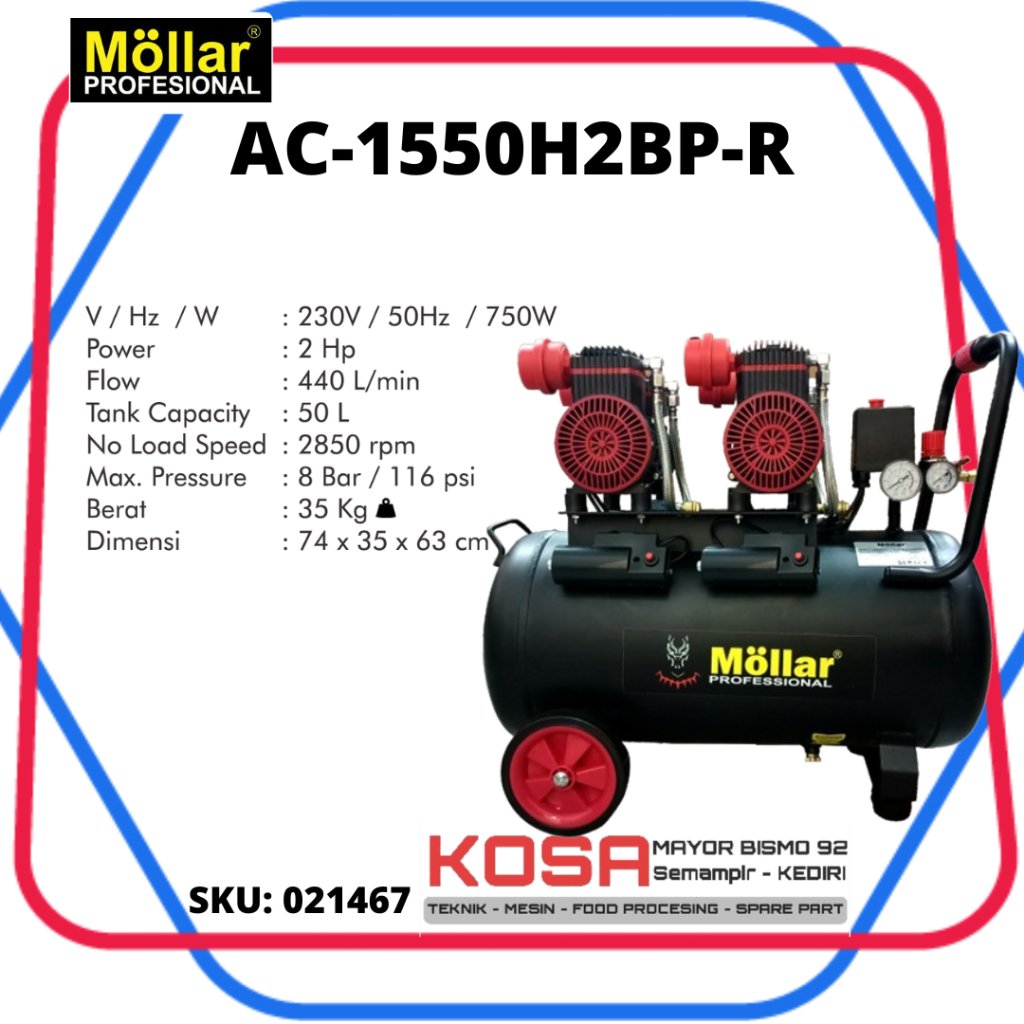 MOLLAR AC 1550H2BP-R Kompresor Oilless 50L 2hp Mollar Kompresor tanpa oli Mollar 50L Kompresor Silen