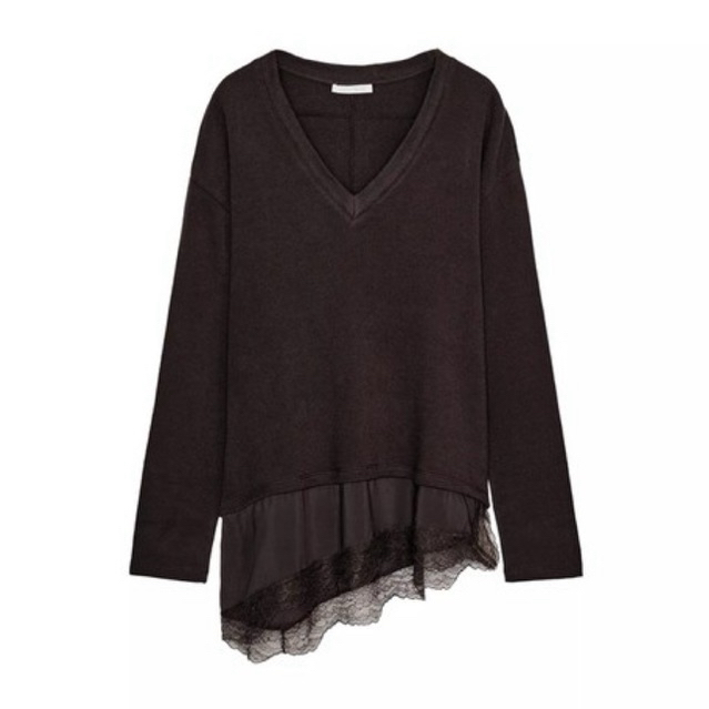 ZARA Lace Combined Shirt Brown Asymmetric Knit